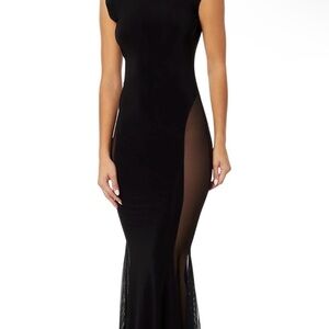 Norma Kamali Black Sheath Gown with Mesh Insets